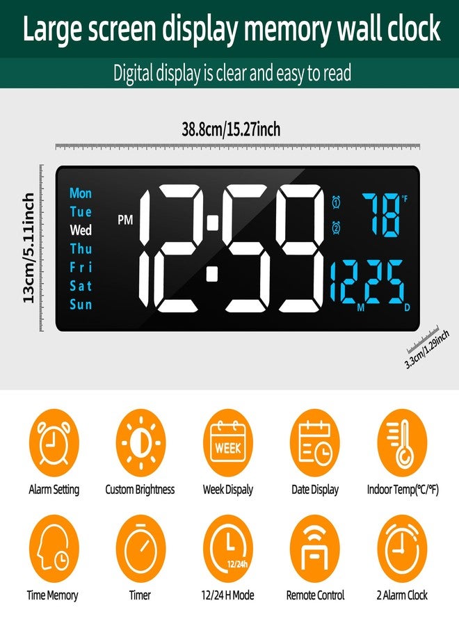 LEIKE 16" Large Digital Wall Clock Timer,Remote Control,2 Alarms, LED Display,Auto DST,Temperature,Modern Night Light Clock for Living Room,Bedroom,Desk,Mounted Decor(Black,White Blue LED) - Image 2